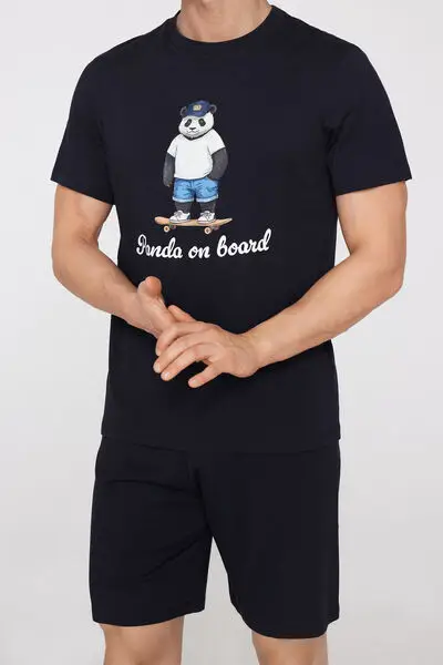 Pigiama Corto Cotone Stampa Panda Uomo Nero miniatura 2