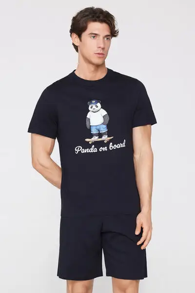 Pigiama Corto Cotone Stampa Panda Uomo Nero miniatura 3
