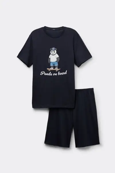 Pigiama Corto Cotone Stampa Panda Uomo Nero