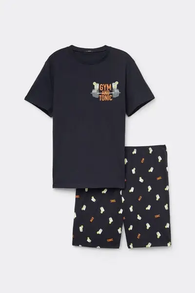 Pigiama Corto in Cotone con Stampa Gym&Tonic Uomo Blu