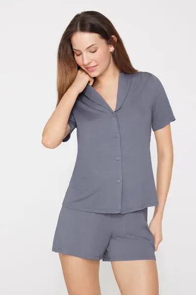 Pigiama Corto Mezza Manica Aperto in Viscosa Donna Blu miniatura 2