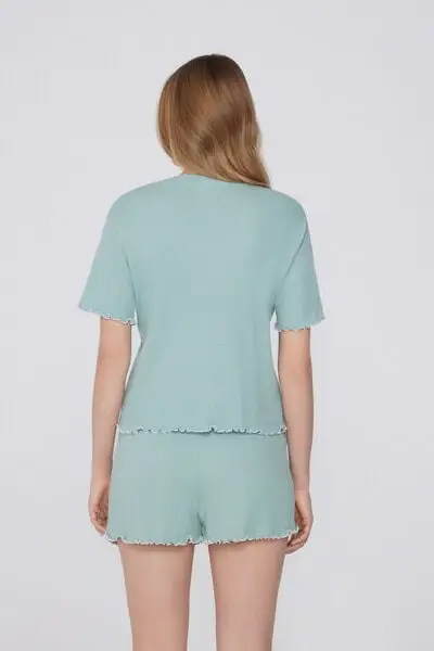 Pigiama Corto Mezza Manica Costine Ricamo Donna Verde miniatura 2