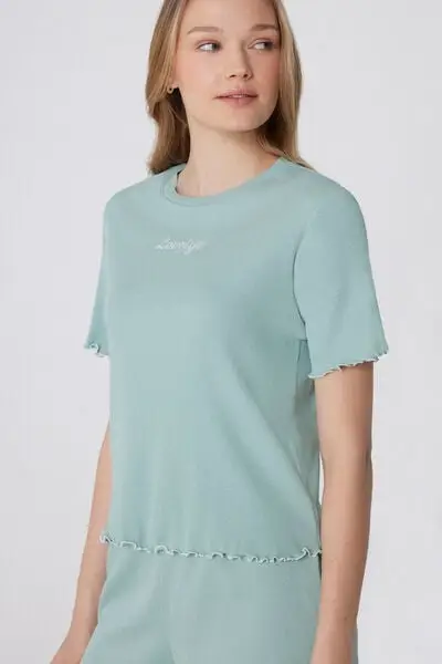 Pigiama Corto Mezza Manica Costine Ricamo Donna Verde miniatura 3