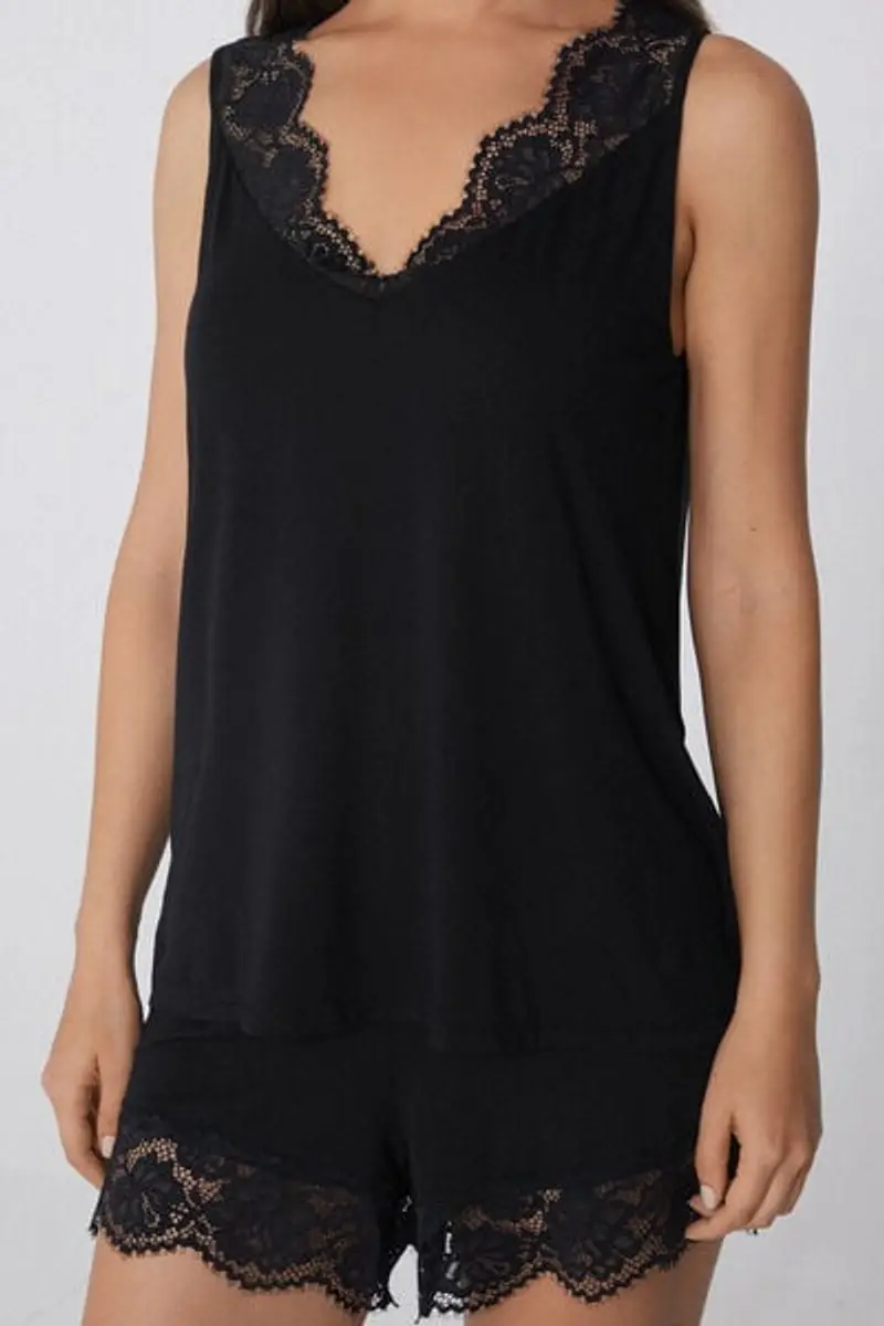 Tezenis Pigiama Corto Spalla Larga Viscosa Pizzo Donna Nero Taglia L miniatura 2