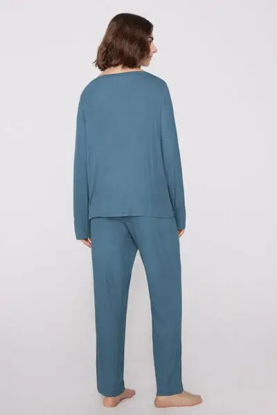 Pigiama Lungo a Costine Scollo Barchetta Donna Blu miniatura 2