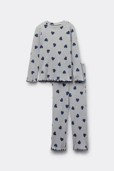 Pigiama Lungo Bimba Cotone Costine Cuori Bambina Grigio