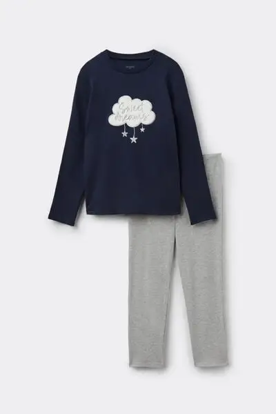 Pigiama Lungo Bimba Cotone Pesante Patch Nuvola Bambina