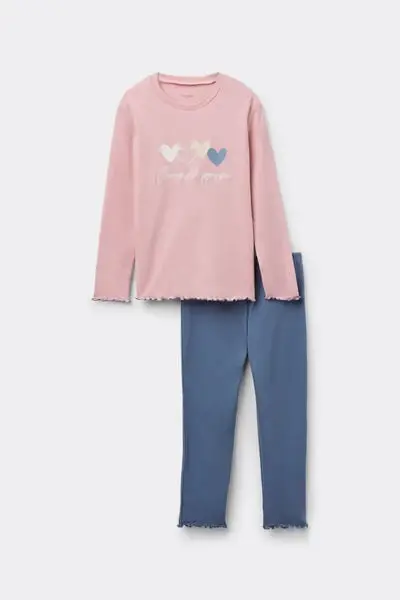Pigiama Lungo Bimba Cotone Pesante Stampa Cuori Bambina Rosa