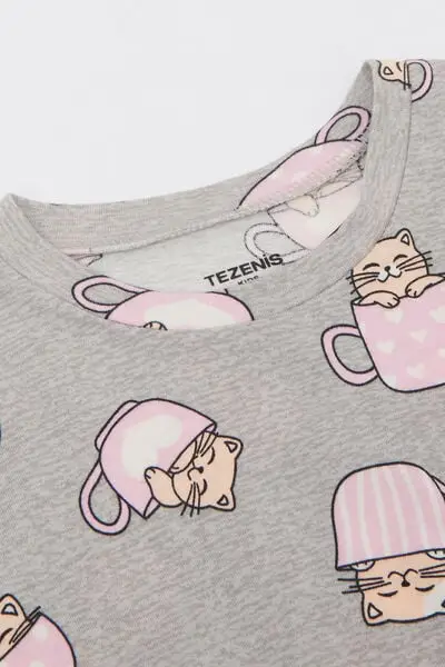 Pigiama Lungo Bimba Cotone Stampa Gattini Bambina Grigio miniatura 2