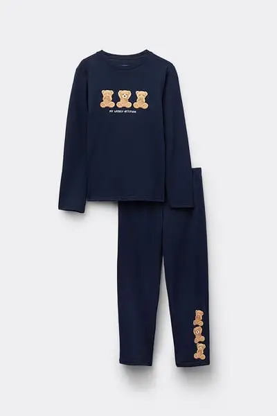 Pigiama Lungo Bimba Cotone Stampa Teddy Bambina Blu miniatura 2