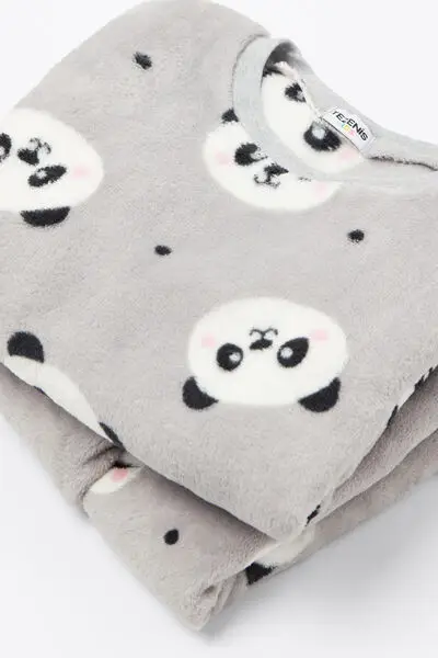 Pigiama Lungo Bimba Pile Leggero Stampa Panda Bambina Grigio miniatura 3