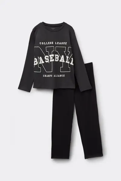 Pigiama Lungo Bimbo Cotone Pesante Stampa Baseball Bambino Nero