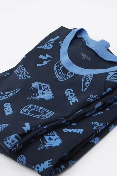 Pigiama Lungo Bimbo Cotone Pesante Stampa Game Bambino Blu miniatura 3