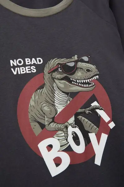 Pigiama Lungo Bimbo Cotone Stampa Dino Bambino Nero miniatura 2