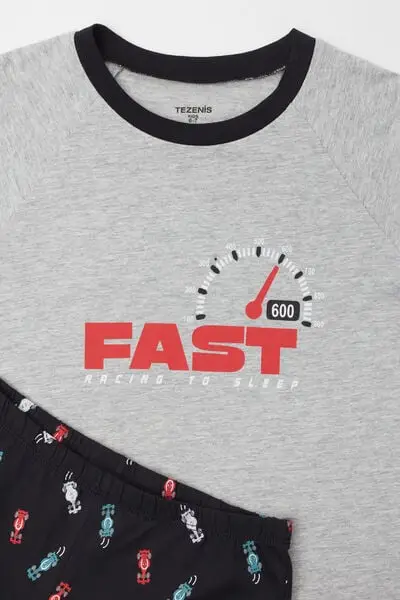 Pigiama Lungo Bimbo Cotone Stampa "Fast" Bambino Grigio miniatura 2