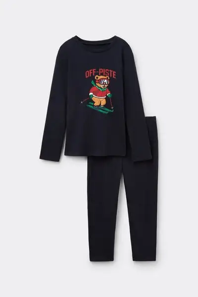 Pigiama Lungo Bimbo Cotone Stampa "Off piste" Bambino Blu