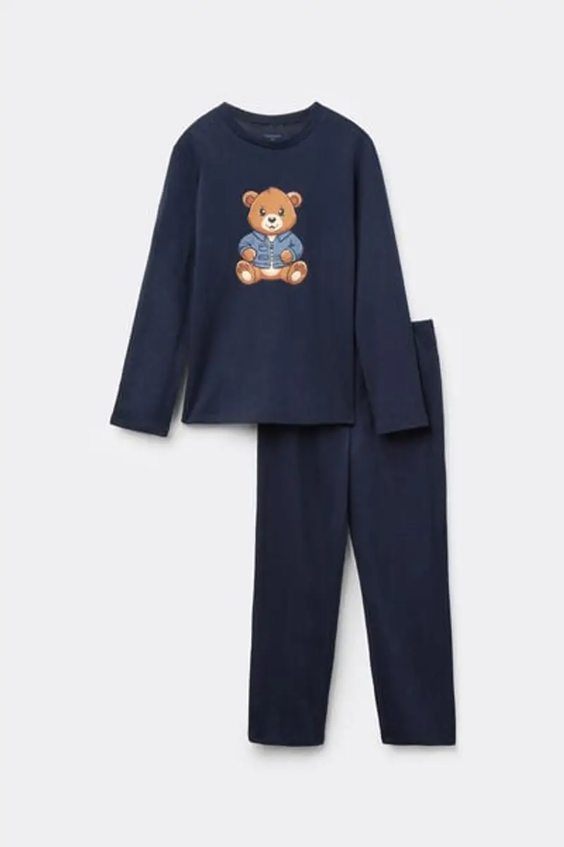 Pigiama Lungo Bimbo Cotone Stampa Orso Bambino Blu