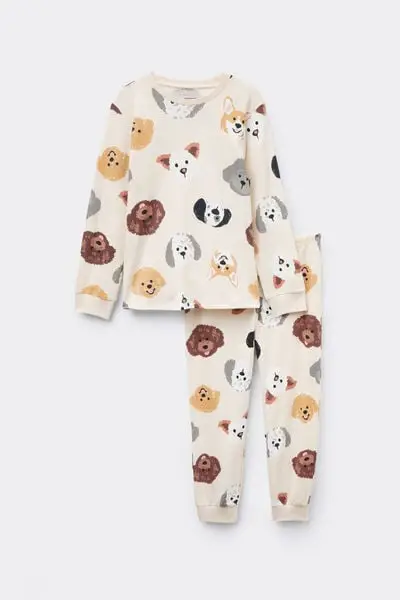 Pigiama Lungo Cotone Pesante Stampa Cani Bimba Bambina Marrone miniatura 2