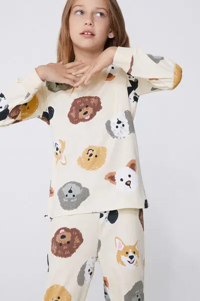 Pigiama Lungo Cotone Pesante Stampa Cani Bimba Bambina Marrone miniatura 3