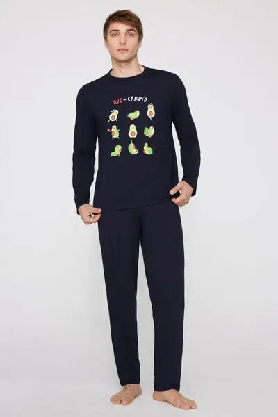 Pigiama Lungo Cotone Stampa Avocado Uomo Blu