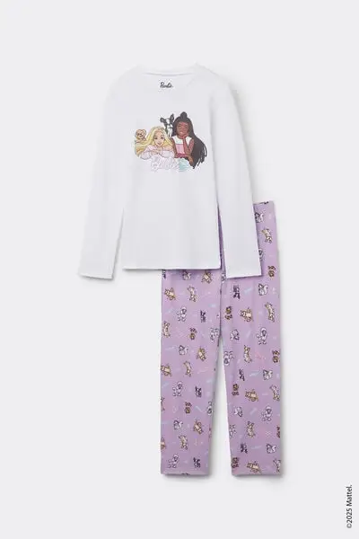 Pigiama Lungo Cotone Stampa Barbie Bimba Bambina Rosa miniatura 2