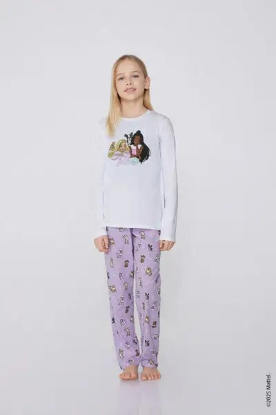 Pigiama Lungo Cotone Stampa Barbie Bimba Bambina Rosa