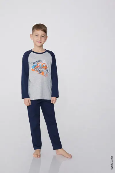 Pigiama Lungo Cotone Stampa Hot Wheels Bimbo Bambino Grigio miniatura 3