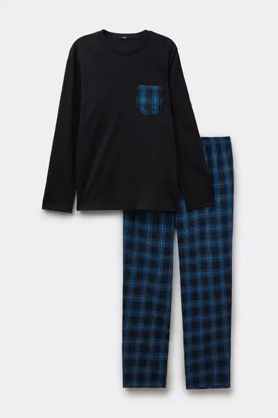 Pigiama Lungo Cotone Taschino Tela Uomo Nero