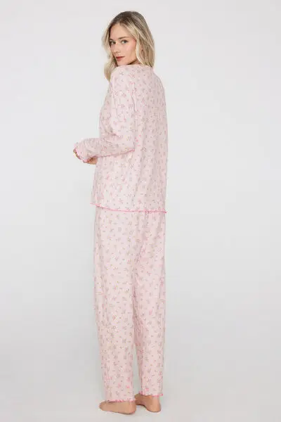 Pigiama Lungo Cotone Traforato a Costine Stampa Fiorellini Donna Rosa miniatura 2