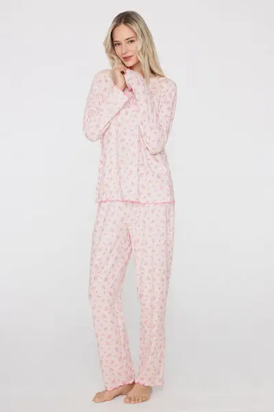 Pigiama Lungo Cotone Traforato a Costine Stampa Fiorellini Donna Rosa miniatura 2