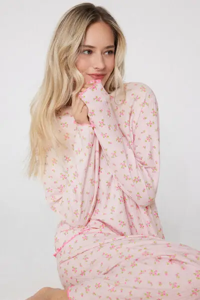 Pigiama Lungo Cotone Traforato a Costine Stampa Fiorellini Donna Rosa miniatura 3