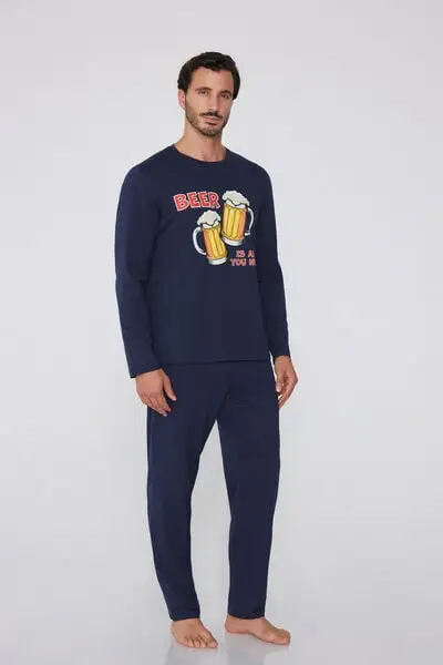 Pigiama Lungo in Cotone Stampa Birra Uomo Stampa