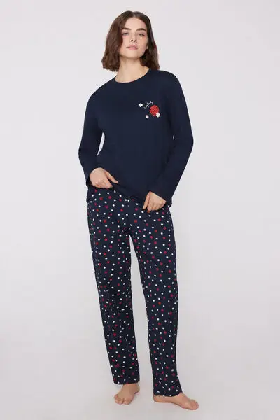 Pigiama Lungo in Cotone Stampa Coccinelle Donna Blu miniatura 3