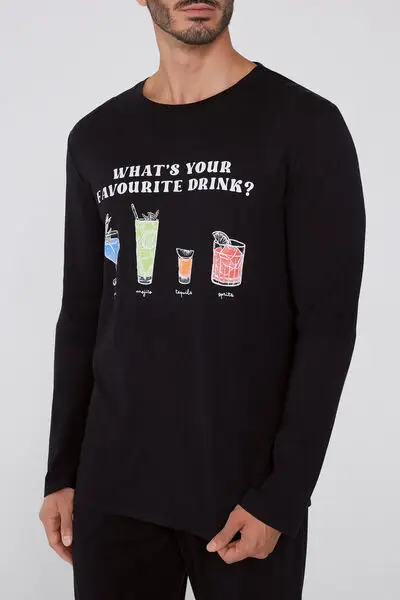 Pigiama Lungo in Cotone Stampa Drinks Uomo Nero miniatura 3