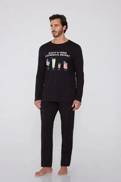 Pigiama Lungo in Cotone Stampa Drinks Uomo Nero