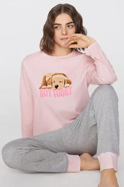 Pigiama Lungo in Cotone Stampa "Not Today" Donna Rosa