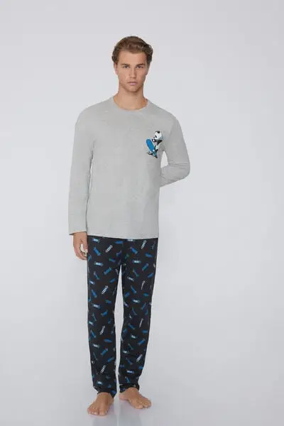 Pigiama Lungo in Cotone Stampa Panda Uomo Stampa