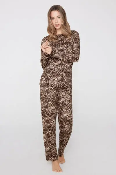 Pigiama Lungo in Viscosa Stampa Animalier Donna Animalier