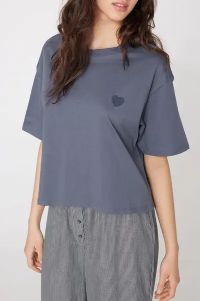 Pigiama Lungo Mezza Manica in Cotone e Tela Donna Grigio miniatura 2