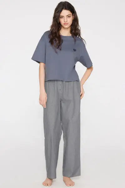 Pigiama Lungo Mezza Manica in Cotone e Tela Donna Grigio miniatura 3