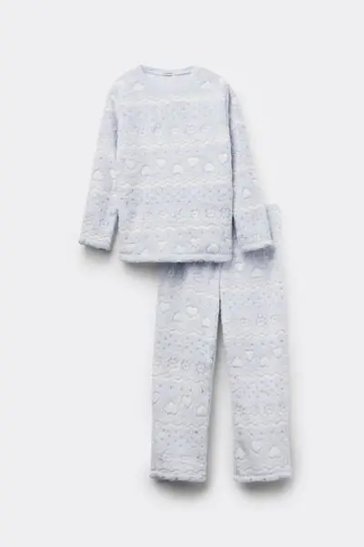 Pigiama Lungo Pile Devoré Bimba Stampa Nordica Bambina Azzurro