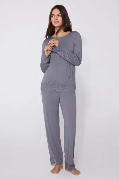 Pigiama Lungo Viscosa con Pizzo Donna Blu miniatura 3