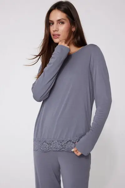 Pigiama Lungo Viscosa con Pizzo Donna Blu