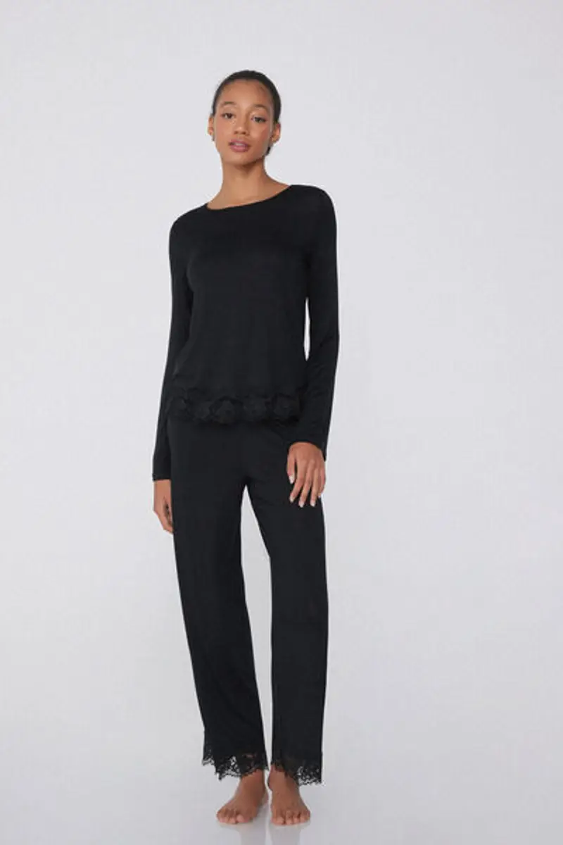 Tezenis Pigiama Lungo Viscosa con Pizzo Donna Nero Taglia L miniatura 2