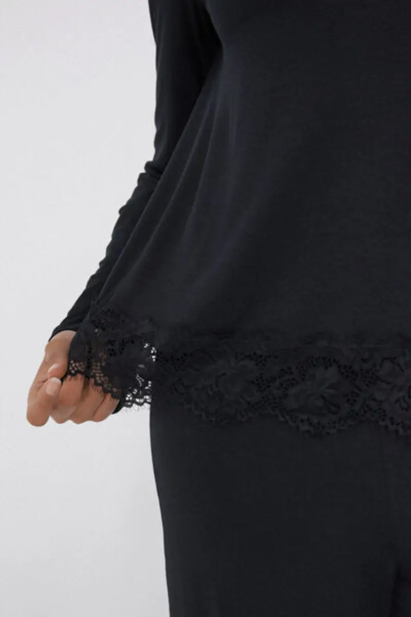 Tezenis Pigiama Lungo Viscosa con Pizzo Donna Nero Taglia L miniatura 3
