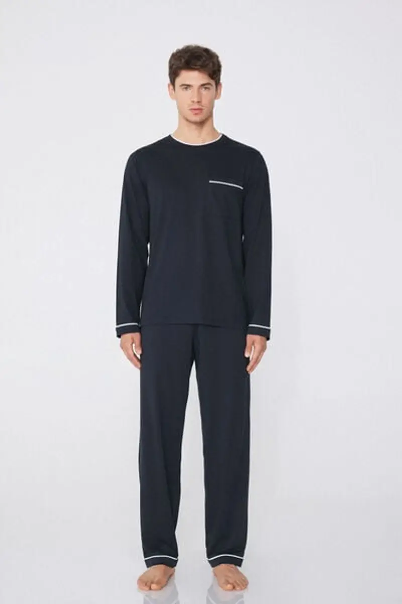 Tezenis Pigiama Manica Lunga in Cotone Piping Uomo Blu Taglia L