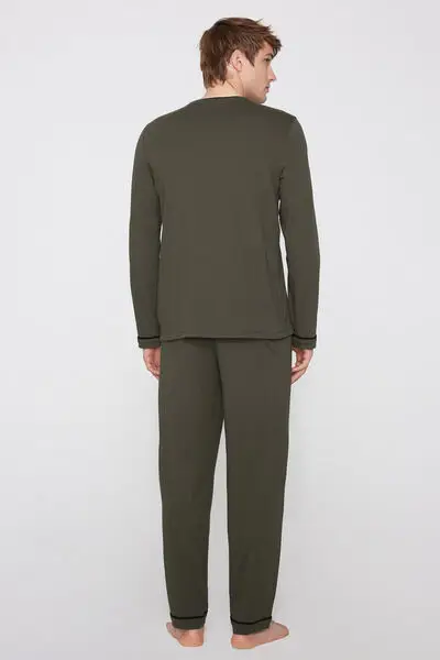 Pigiama Manica Lunga in Cotone Piping Uomo Verde miniatura 2