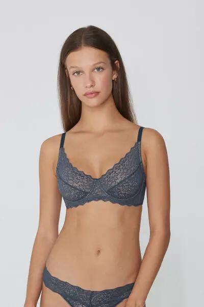 Reggiseno Balconcino Non Imbottito in Pizzo Riciclato Paris Donna Grigio Scuro miniatura 2