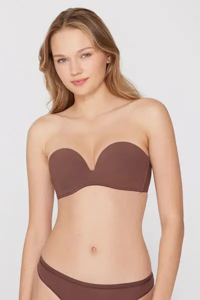 Reggiseno Fascia Imbottita Scollata Microfibra Riciclata Donna Marrone miniatura 2