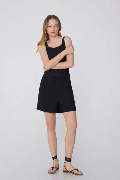 Shorts Effetto Crepe con Coulisse Donna Nero